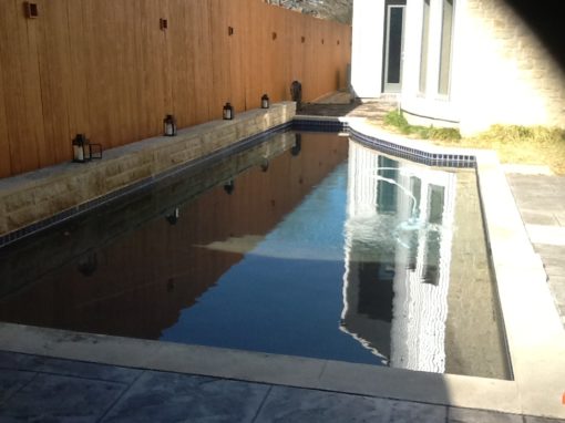 Before photo of a dirty rectangular pool