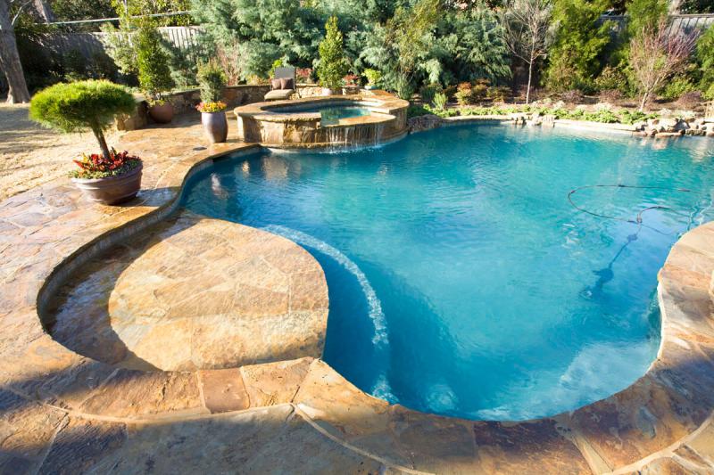 A freeform pool with a hottub and a stone deck and plants