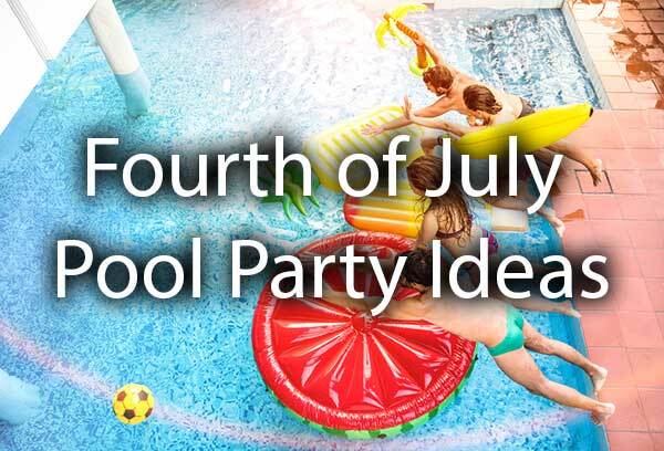 A group of kids playing in the pool with the words, "Fourth of July pool party ideas."