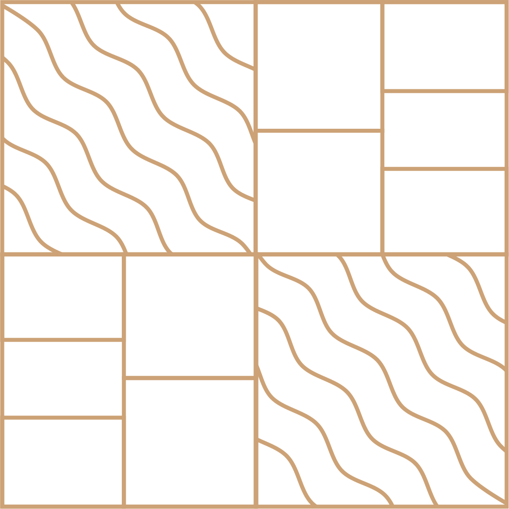 A grid layout featuring nine rectangular sections outlined in brown, with four of the sections containing wavy, orange-brown line patterns, while the remaining five sections are left empty with a transparent checkered background.