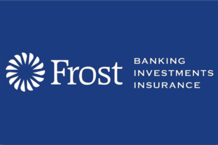 Frost Bank logo with circular emblem and white text on blue background, highlighting banking, investments, and insurance services.