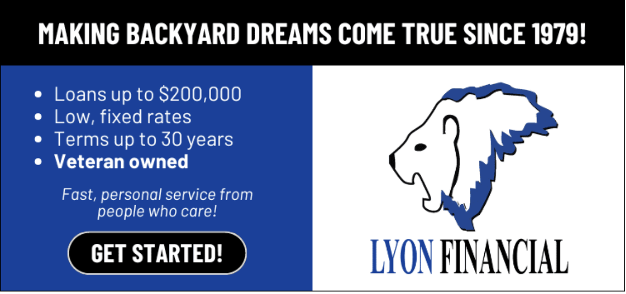 Lyon Financial ad with lion logo, blue background, and service highlights including loans up to $200K, fixed rates, and veteran ownership